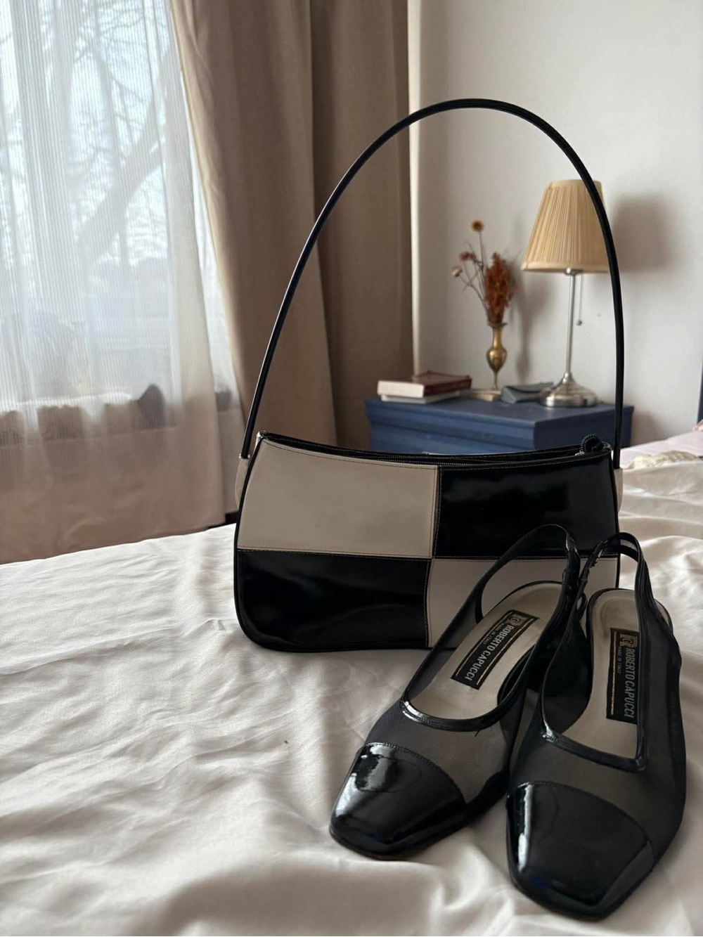 Vintage Roberto Capucci set mesh heels & checkered bag
